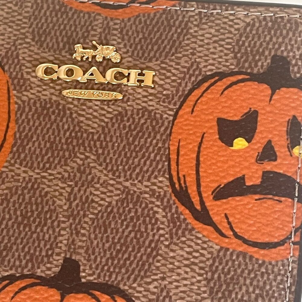 Coach Snap Wallet ID Pumpkin Halloween Signature Canvas Leather CCR19 - Picture 8 of 8